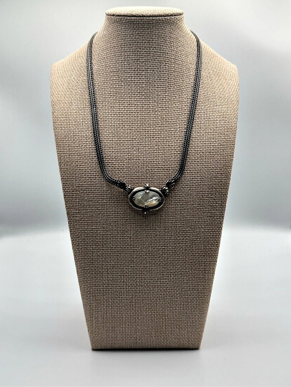 Vintage Italy 925 Sterling Silver Mother of Pearl Choker, Woven Spiga Chain Coll